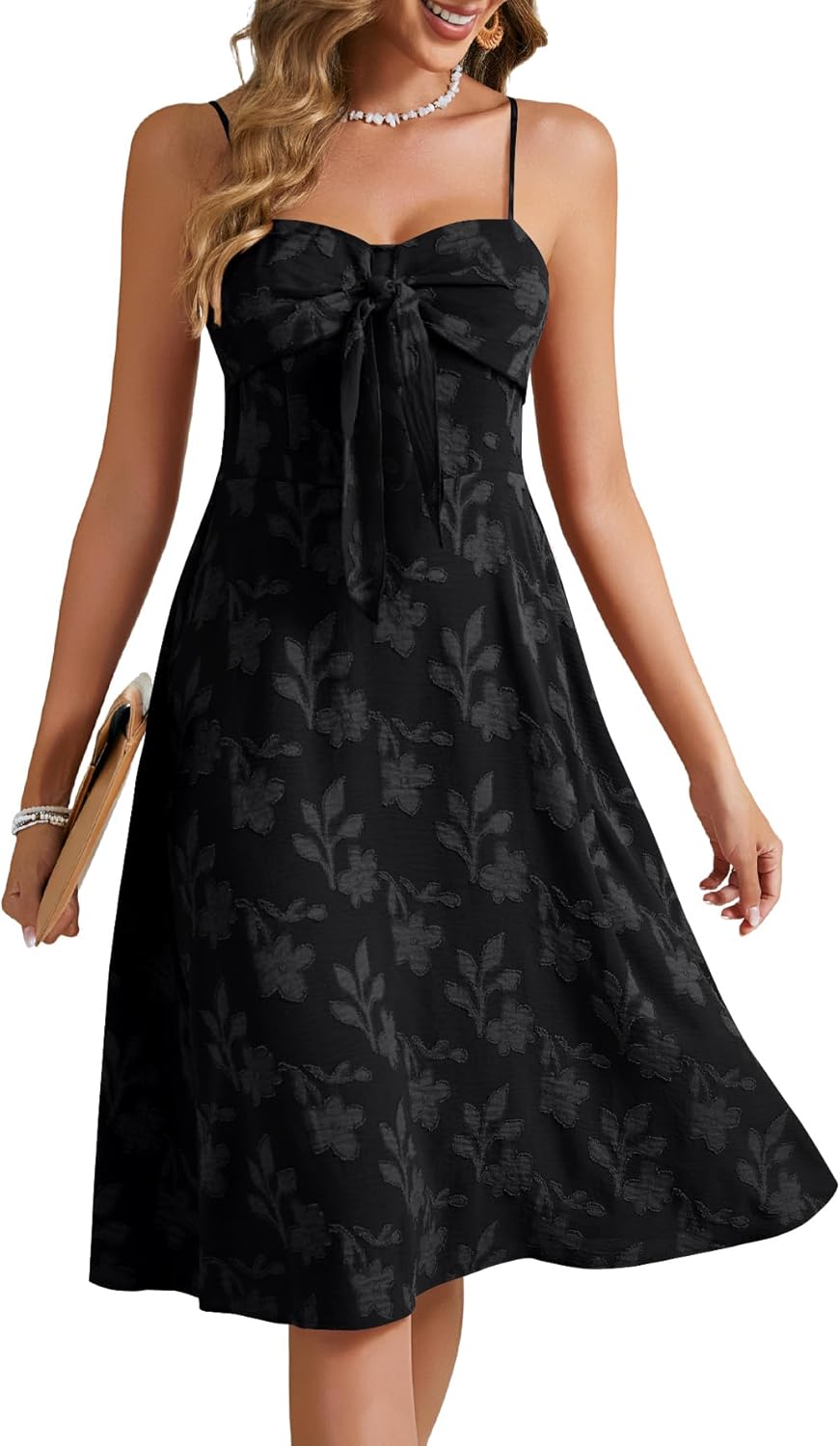 Rooscier Women's Floral Print Tie Knot Shirred Spaghetti Strap Flowy A Line Midi Dress