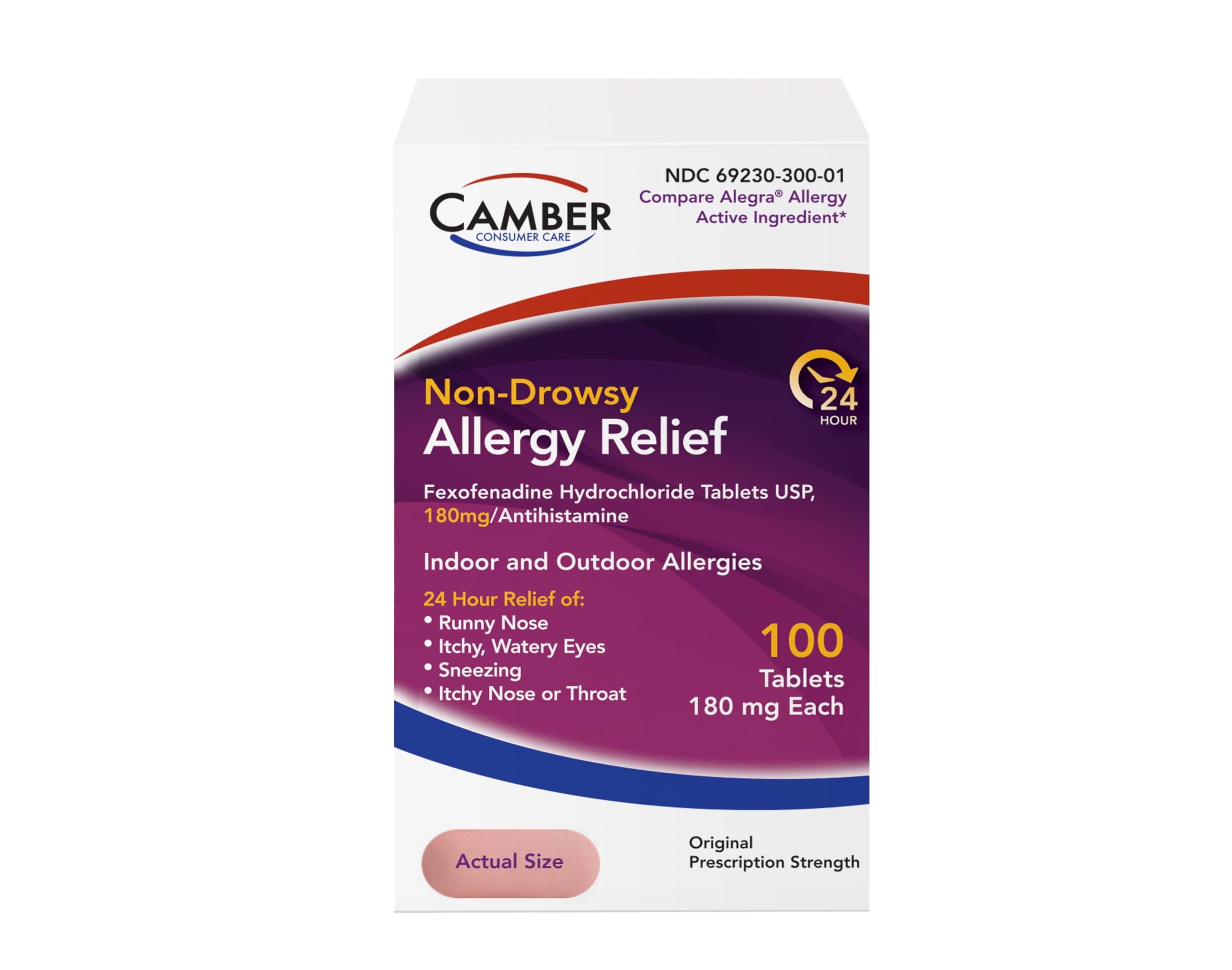 Camber Fexofenadine Antihistamine Non-Drowsy Indoor Outdoor 24hrs Allergy Relief Medicine 100 Tablets