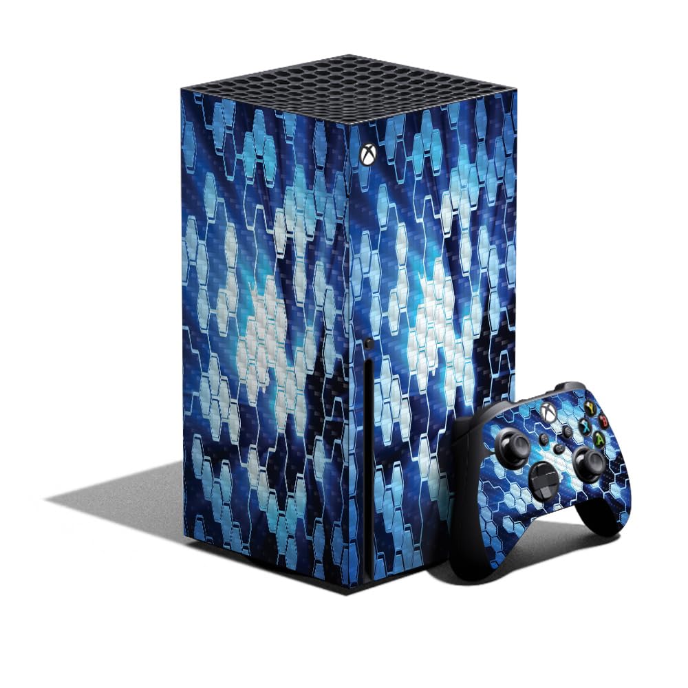 Glossy Glitter Gaming Skin Compatible with Xbox Series X Bundle - Blue Hexa Camo - Premium 3M Vinyl Protective Wrap Decal Cover - Easy to Apply | Crafted in The USA by MightySkins