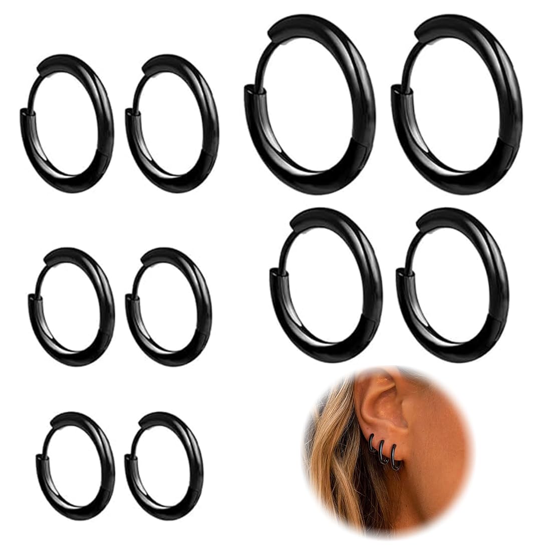 LAKJUOZ 5 Pares Pendientes Hombre Pendientes De Aro De Acero Inoxidable Anillos De Labios Nariz Pendientes De Aro Pequeños De Cartílago Para Hombre Y Mujer (10Mm,12Mm,14Mm,16Mm,18 Mm,Negro)
