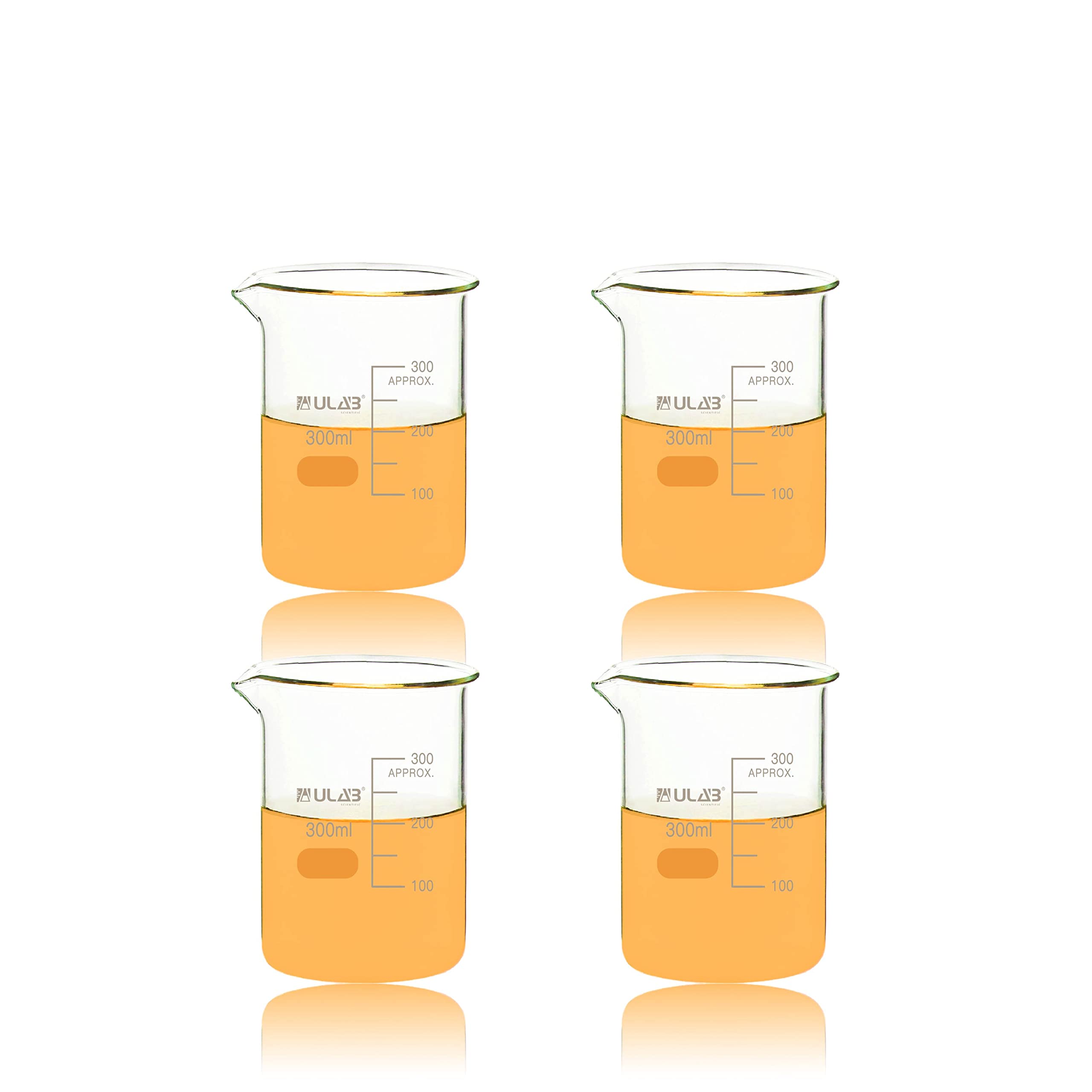 ULAB Scientific Glass Beakers, Vol. 300ml, 3.3 Borosilicate Griffin Low Form with Printed Graduation, Pack of 4, UBG1034
