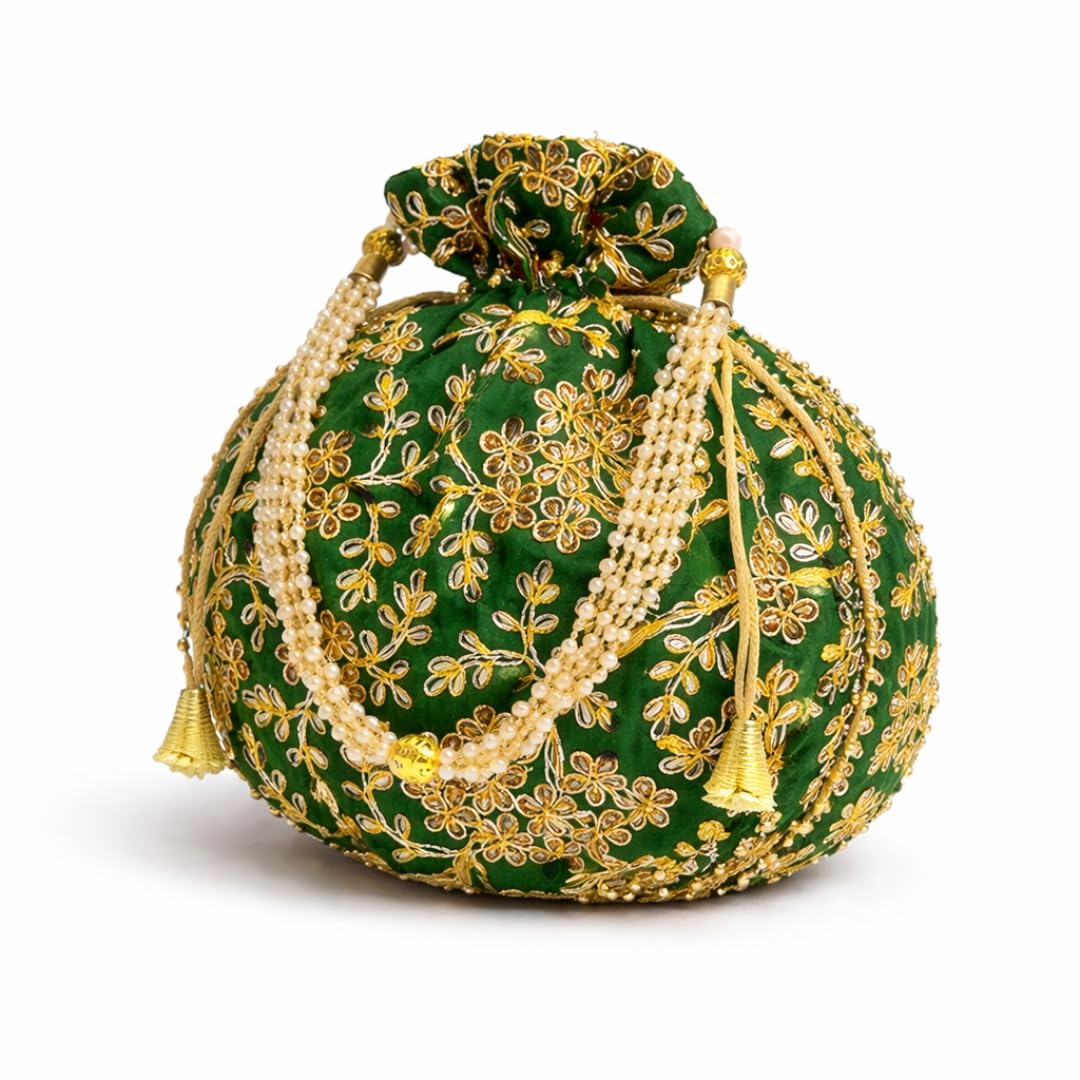 Green Embroidered Potli Bag for Women | Silk Ethnic Clutch with Pearl Handle & Gold Zari Work | Bridal Wedding, Party & Festive Hand Purse-image-48