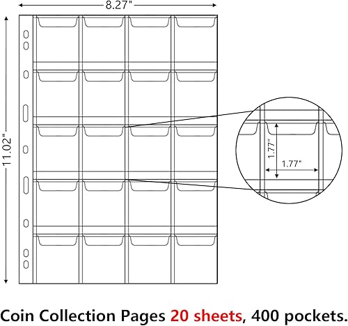 Vista 18 de Proveedores de colección de monedas de 240 bolsillos, 20 hojas de 12 bolsillos para coleccionistas, páginas de bolsillo para monedas, fundas