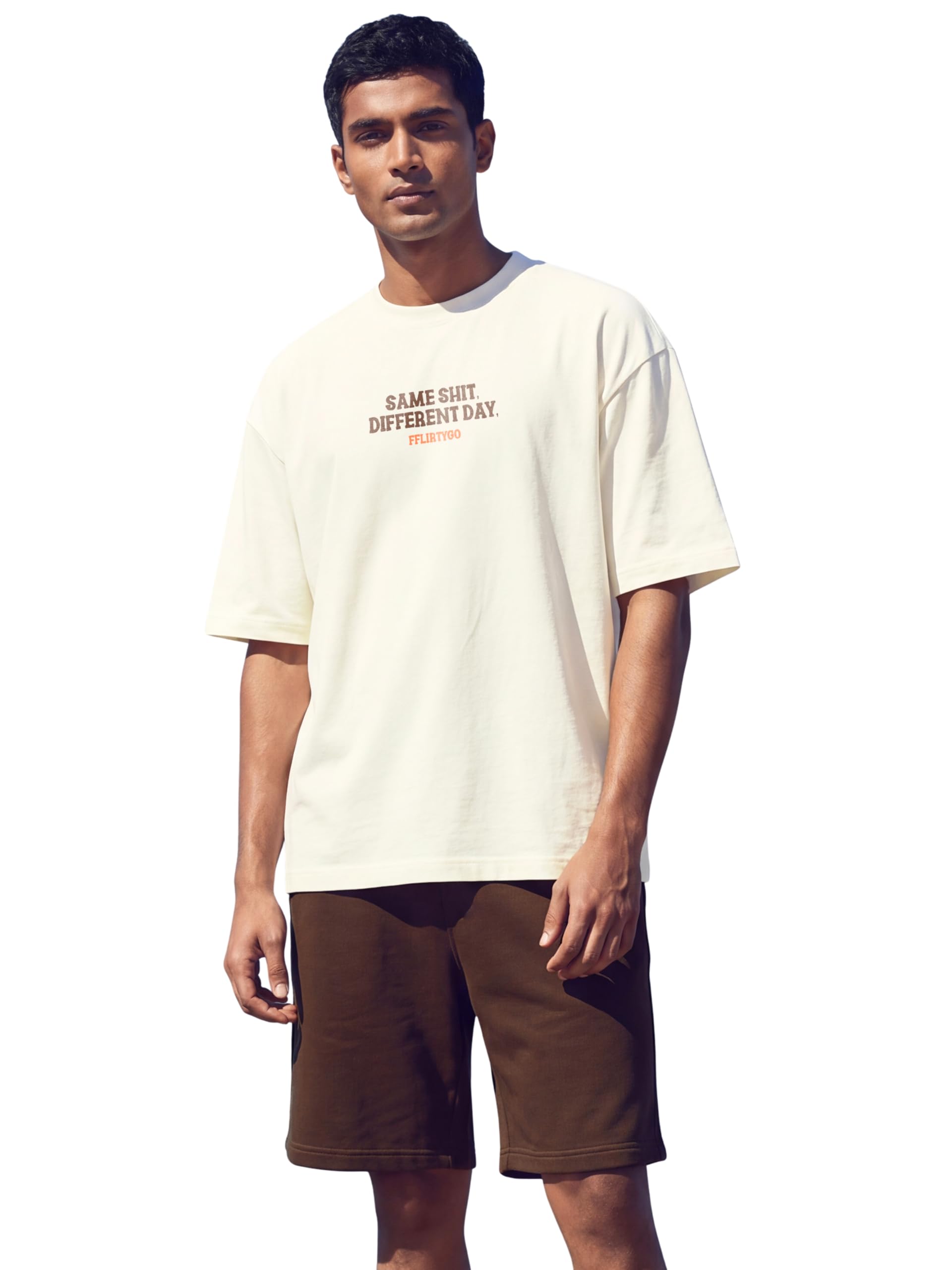 fflirtygo Men's AirEase Summer Coord Set | Same Shit Diff Day | 240 GSM Cotton Terry Oversized T-Shirt & Shorts | 2 Deep Pockets | S to 6XL | Off White, L-picture-34