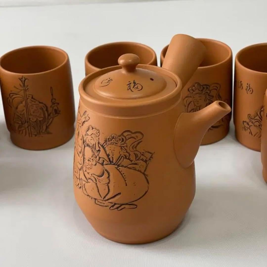 常滑焼 義叟作 伯宝彫り 七福神 急須 湯呑7点セット 茶器 煎茶道具