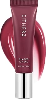 EITHER& Glazed Lip Oil 05 Noir: Non-Sticky Tinted Lip Balm with Peptides for Hydrated, Glossy Dry Lips