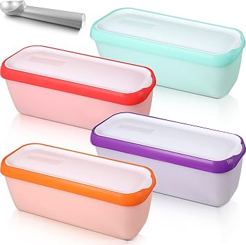 Nuenen 4 Pcs Reusable Ice Cream Containers with Lids and a Scoop 1.5 Quarts Plastic Rectangle Dessert Storage Tubs Homemade Ice Cream Storage Containers for Freezer Kitchen Refrigerator Cute Colors