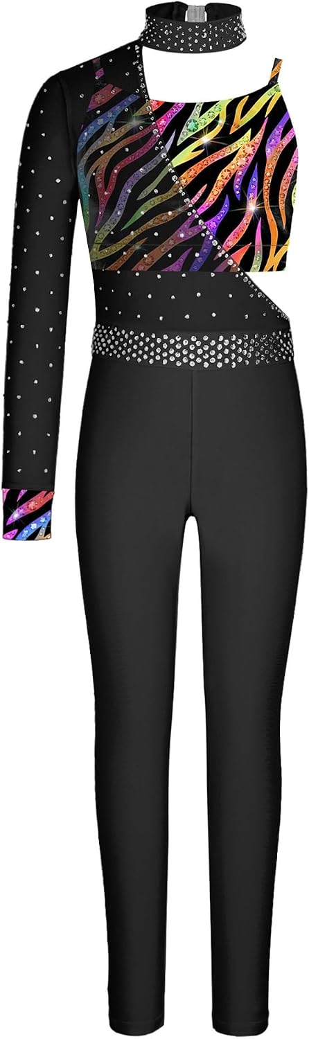Linjinx Kids Figure Skating Jumpsuit Dance Vest Shiny Rhinestone Unitard Single Long Sleeve Bodysuit