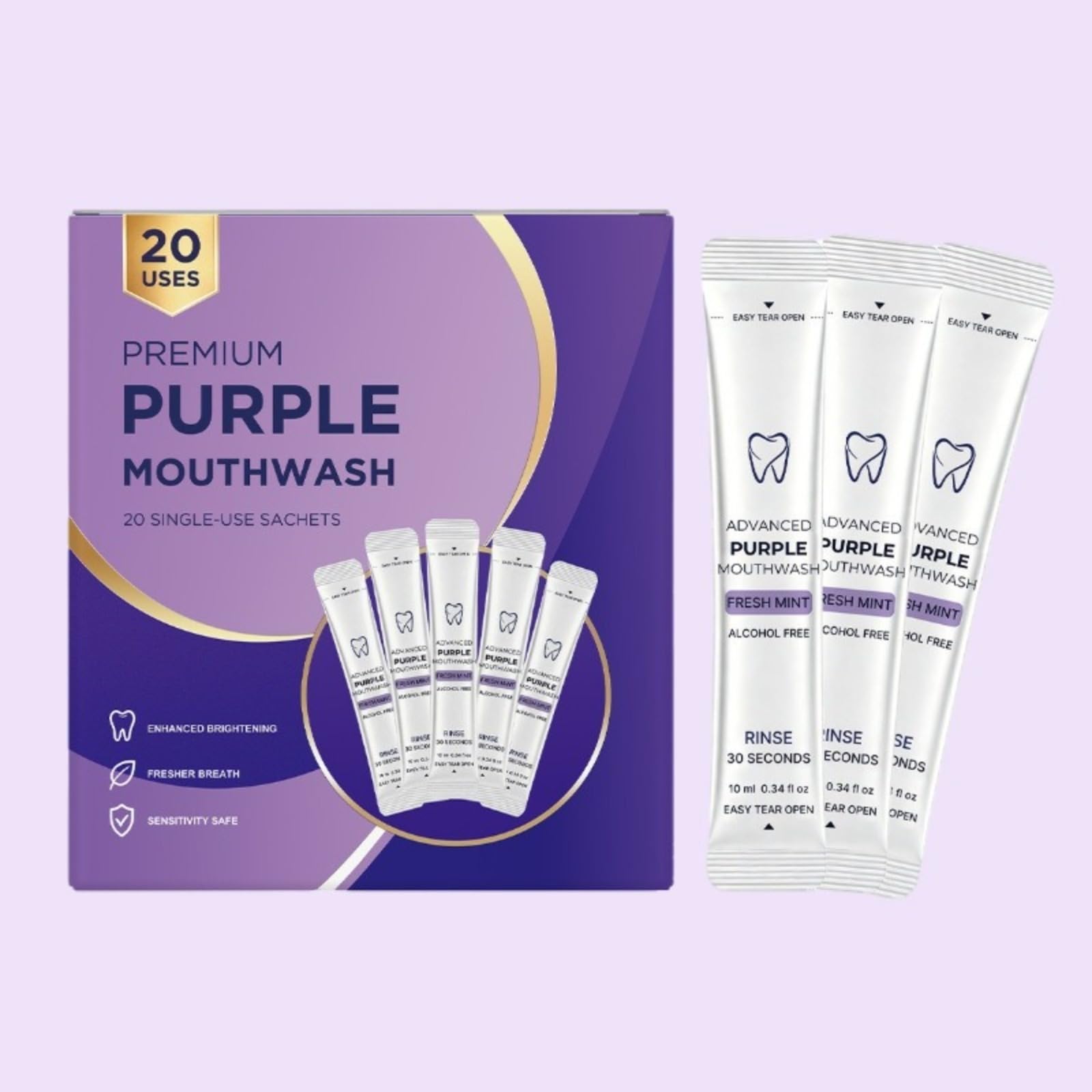 Pojedyncze zastosowanie Purple Mouthwash Sachets, fioletowe pranie, świeże oddech | Alkohol Free Mint Travel Mouth Wash do rozjaśniania zębów, przenośny płukanie ust do codziennego użytku