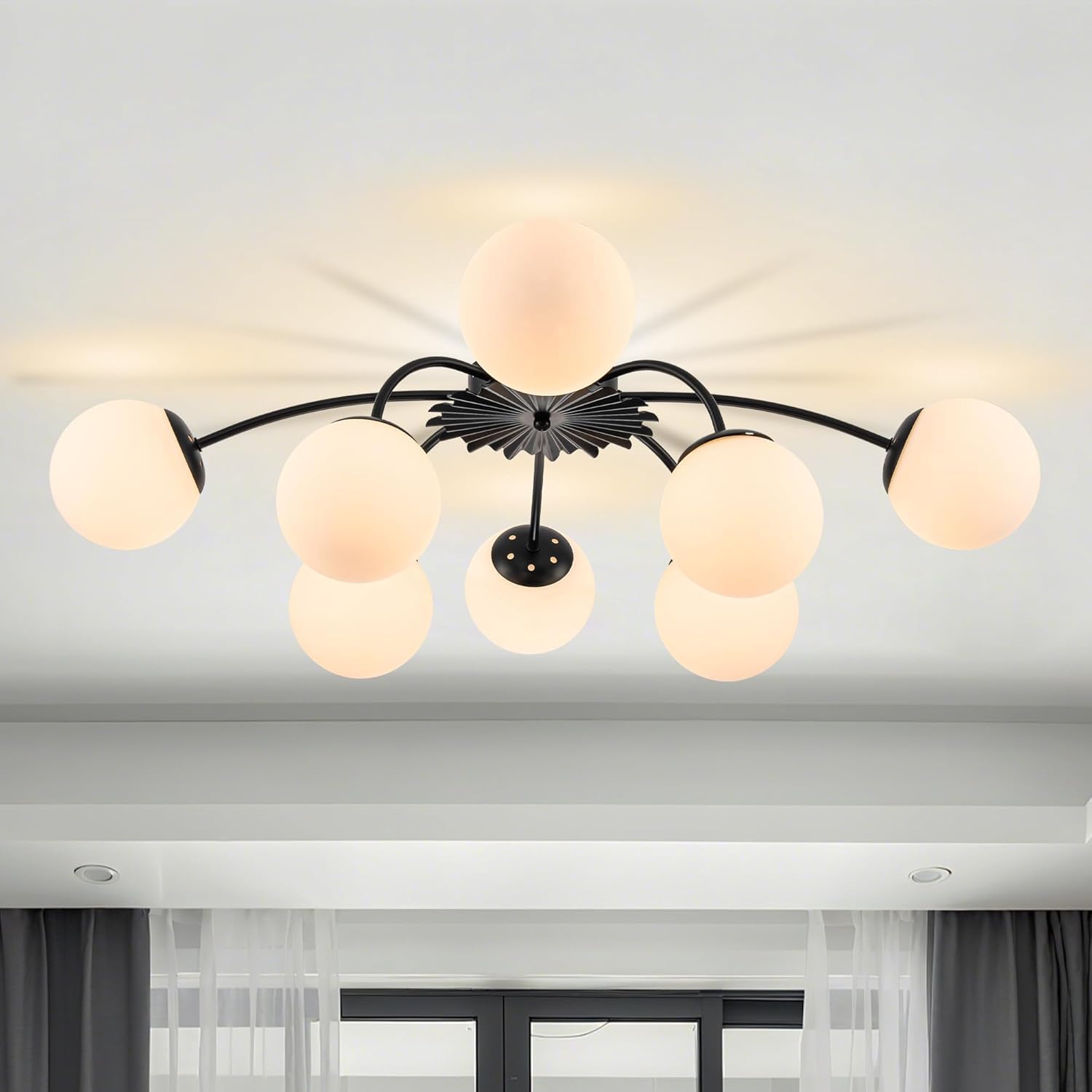 Tunepik Black 8-Light Mid-Century Chandelier With Opal Glass Globes