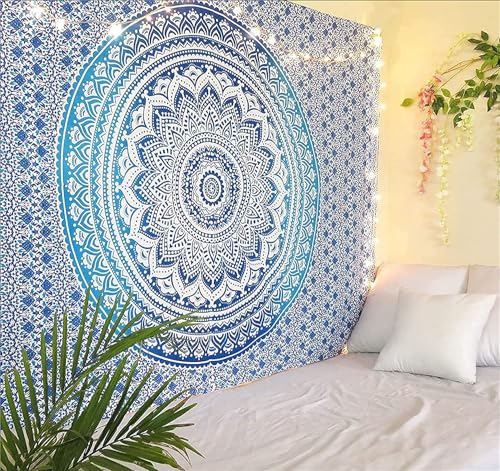 RAJRANG Mandala Hippie Tapisserie Bleu Ombre Tenture Murale Drap Chambre Cotton Tissu Multi Purpose Indienne Wall Hanging Tapestry Pique-Nique Plage Sheet Mur Décoratif...