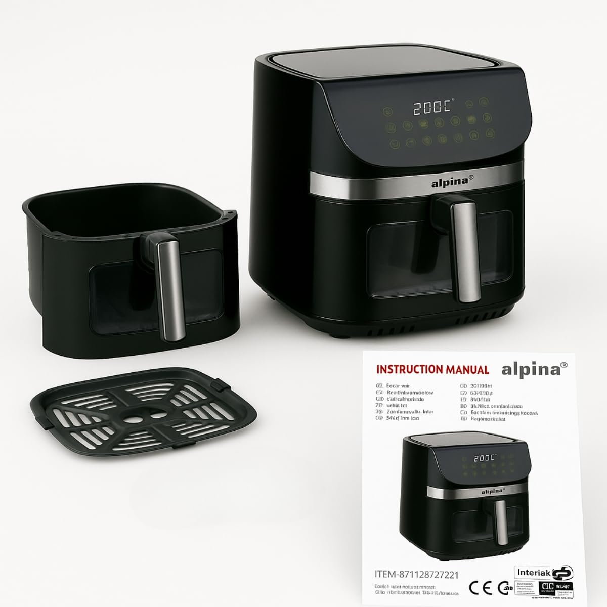 alpina Heißluftfritteuse 9L - Airfryer XXL - Air Fryer mit Digitalem Display - Heissluftfritteuse mit Timer und Temperatur 60 bis 200℃ - mit 8 Kochprogrammen und Sichtfenster - Schwarz