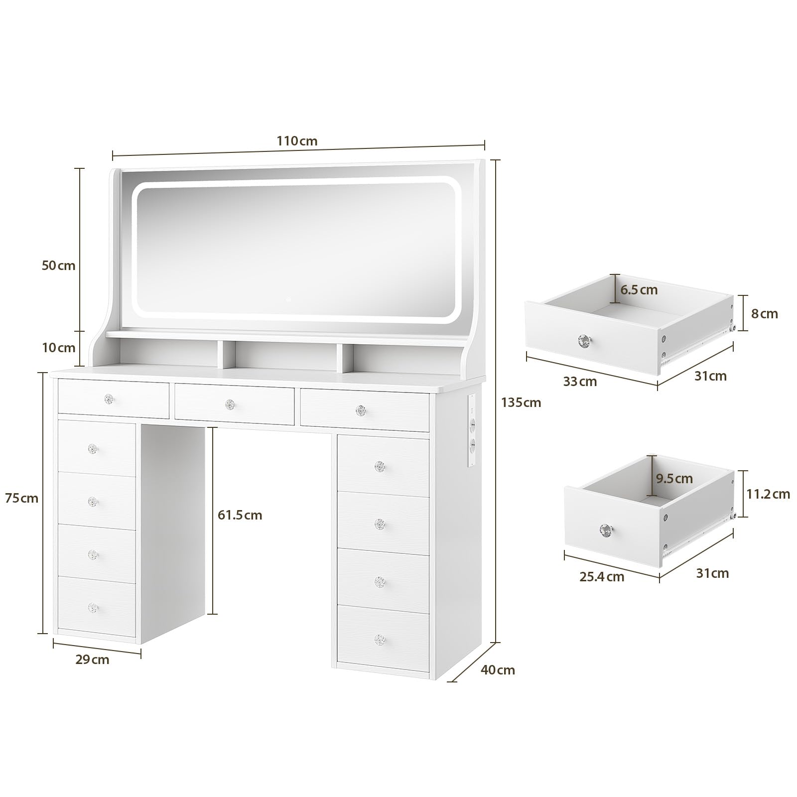 Dripex Coiffeuse avec éclairage, Coiffeuse Moderne avec 11 tiroirs, Grand Miroir LED de 110 cm et Prise électrique, luminosité réglable, pour Chambre à Coucher et Dressing, Blanc