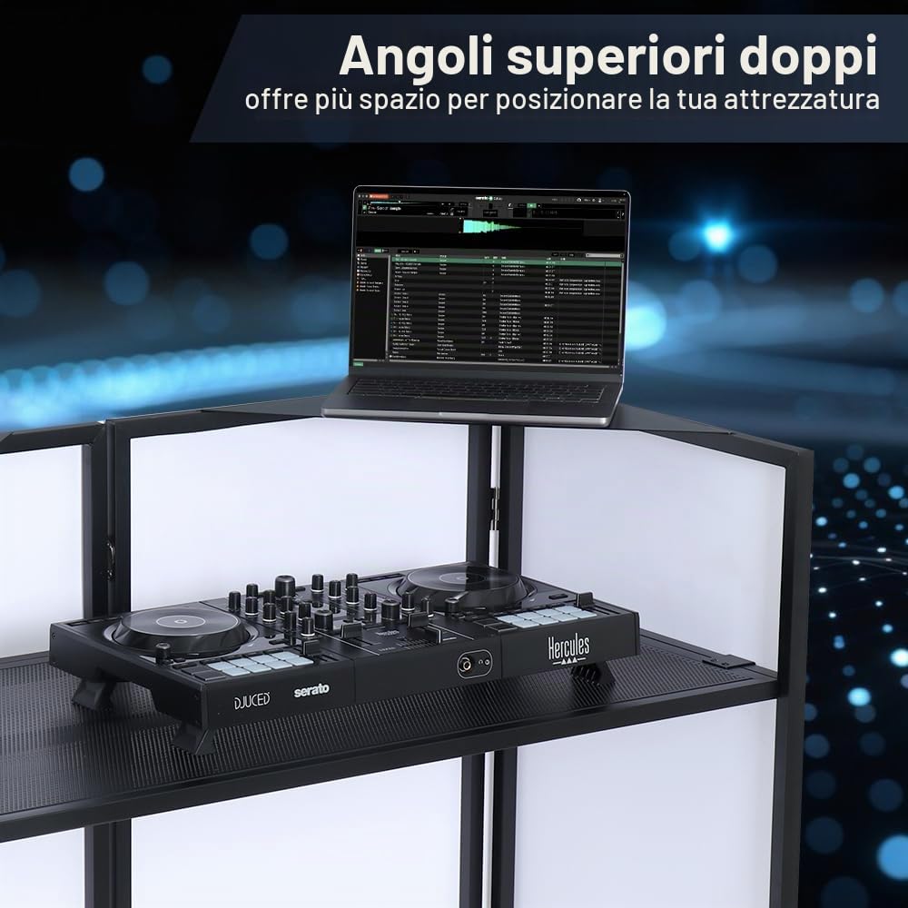 Kokorona Cabina DJ portatile 108 x 51 x 115 cm con doppio angolo superiore, cabina facciata DJ con foro per cavi, supporto da tavolo DJ con striscia luminosa e telecomando, telaio in metallo + scrims