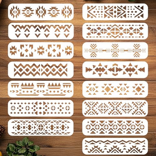 ORIGACH Aztec Stencils for Painting on Wood Wall, 15 Pcs Geometric Reusable Boho Borders Pattern Stencils Templates for Painting on Canvas Furniture, 30 x 7.6 cm
