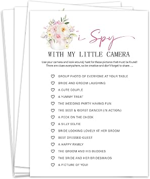 WwongxianB I Spy with My Little Camera Bridal Shower Games, Tea Party Bridal Shower Games Cards 30 Guests, Pink Floral Wedding Engagement Bachelorette Party Activity & Game Reception Supplies-B02