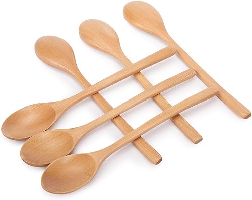 Juego de 6 cucharas de madera, cucharas ovaladas de madera para mezclar, cucharas de mango largo, antiadherentes, utensilios de cocina de estilo