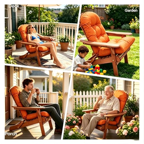 Image of QILLOWAY Outdoor High Back Chair Cushion for Adirondack, All Weather Rocking Chair Cushions Thick Padded Replacement for Patio Furniture,Orange