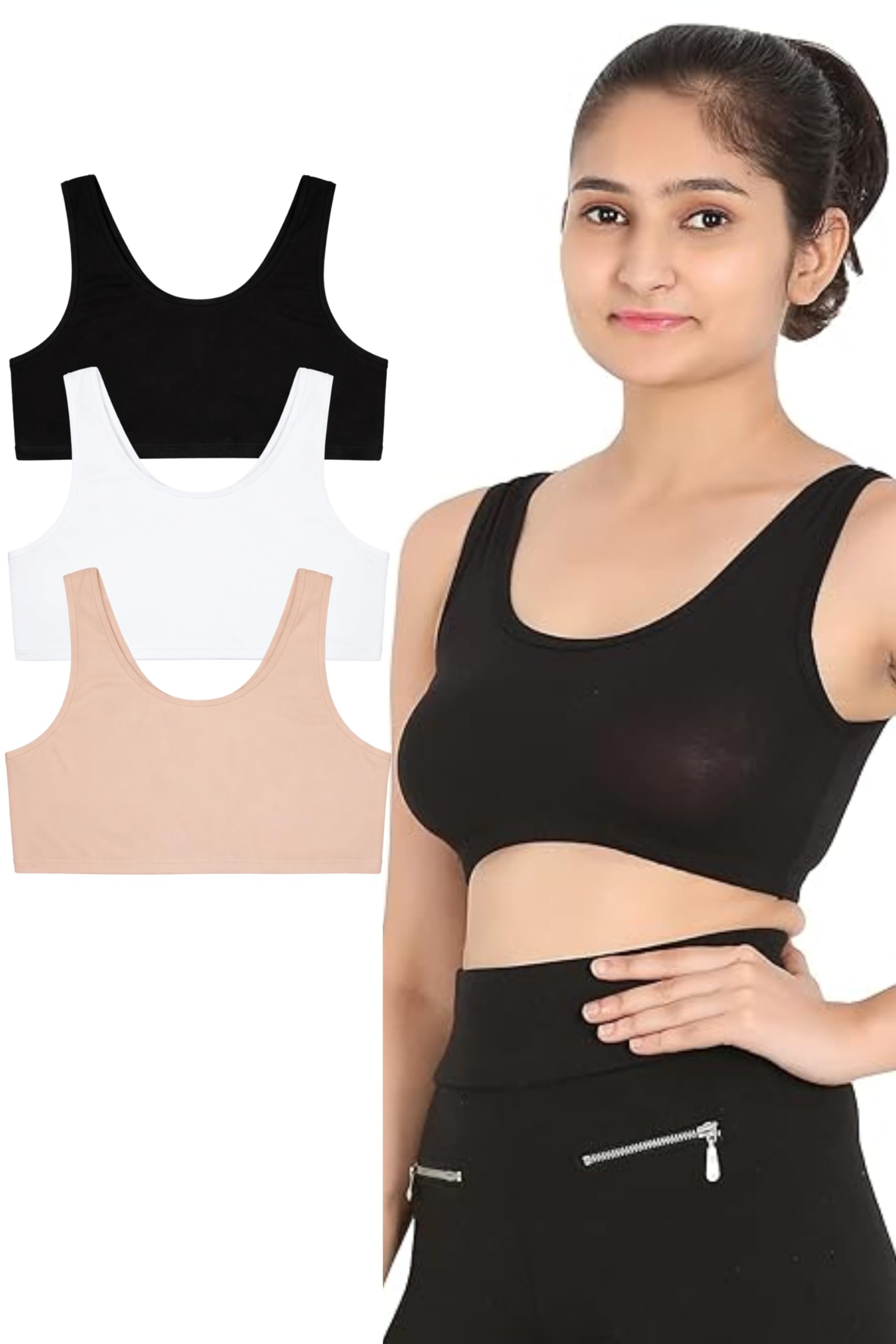 Girls Cotton Beginners Sports Bra Double Layered Non Padded Slip On Training Innerwear Full Coverage Teen School College Gym Soft Stretch Comfortable Combo Pack 3 (13 14 15 16 17-image-15