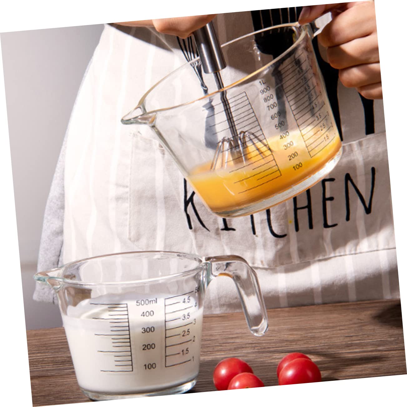 COLLBATH Tasse à Mesurer et Facile à Nettoyer Résistant la Chaleur en Verre avec Couvercle en Bois Réutilisable pour Mesurer Huile et Jus Cuisine