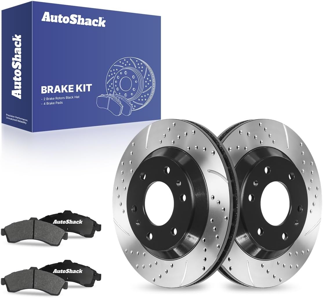 AutoShack Front Vented Drilled & Slotted E-Coated Brake Rotors + Ceramic Pads 6-PC Brake Kit Replacement for 2002-2005 GMC Envoy 2002-2005 Chevrolet Trailblazer ShadowGuard 12.01" (305 mm)
