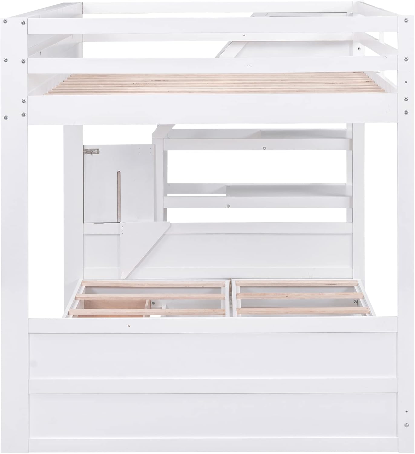 Harper & Bright Designs Full Over Full/Futon Bunk Beds with Stairs and 3 Drawers, Built-in Shelf, Bottom Bed can be Converted into Daybed, Solid Wood Bunk Bed Frame (White) White Full