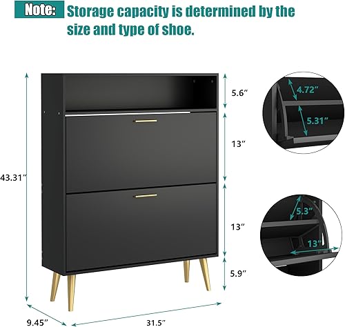 Miniatura 2 de JOZZBY Armario de zapatos para entrada, armario de almacenamiento de zapatos estrecho negro con 2 cajones abatibles y estantes abiertos, organizador
