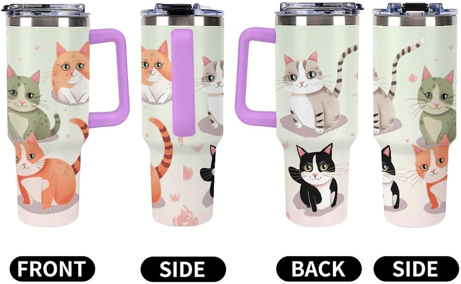 Lovely Cartoon Cats Tumbler 40 Oz with Handle&Lid Large Car Cup Stainless Steel Vacuum Travel Mug Insulated Water Bottle Leak-proof Portable Coffee Cup for Home Car Outdoor