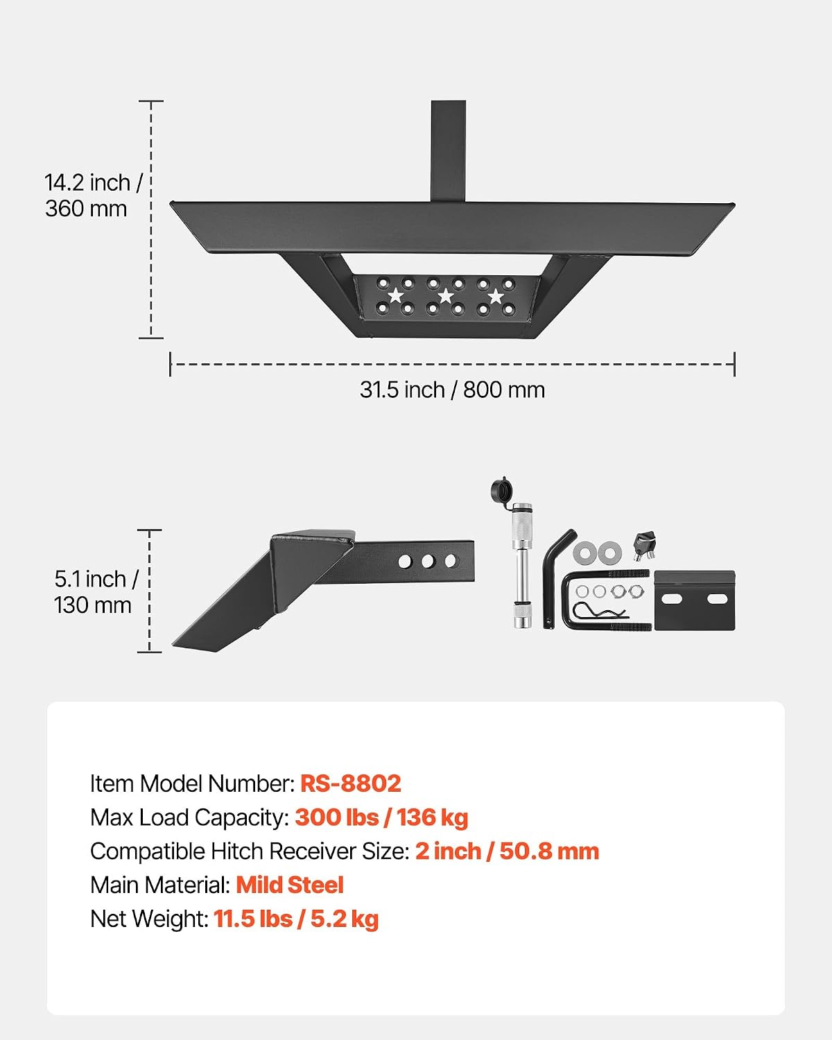 VEVOR Hitch Step for 2 Inch Receiver, Universal Rear Bumper Guard Protector with 300 LBS Load Capacity, Non-Slip Tow Hitch Step with Pin Lock and Stabilizer, Fit for Truck, SUV, Pickup, Trailer