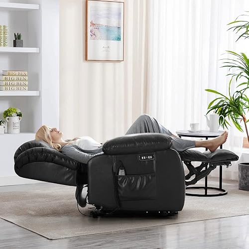 ASHOMELI Infinite Position Dual Motor Large Power Lift Recliner Chair with Massage and Heating,Real Leather,2 Side Pockets, USB and Type-c Ports(Black)