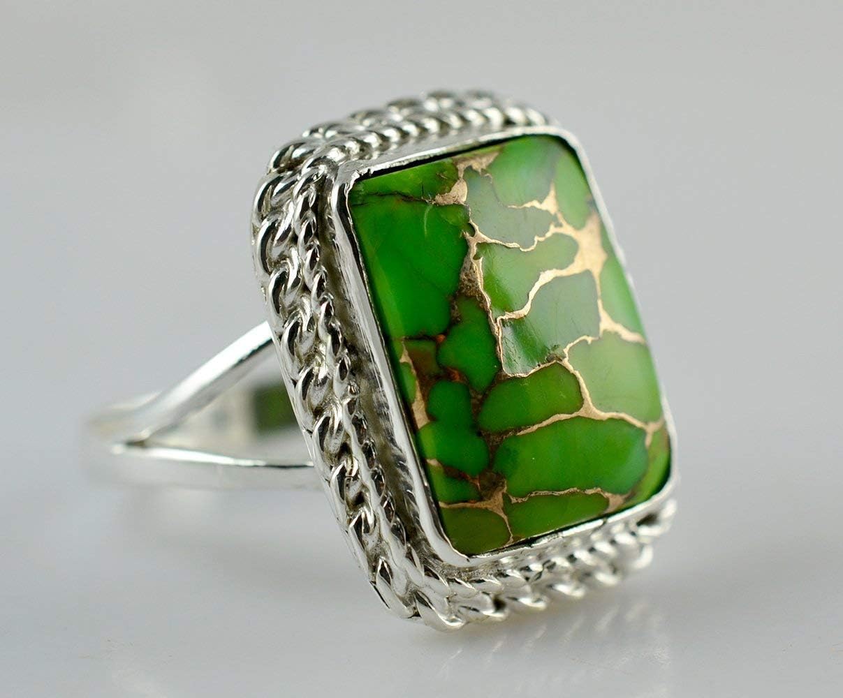 Navya Craft Green Turquoise Ring, 925 Sterling Silver Handmade Statement Promise Ring for Women, Natural Copper Turquoise Cushion Gemstone Jewelry, December Birthstone Gift