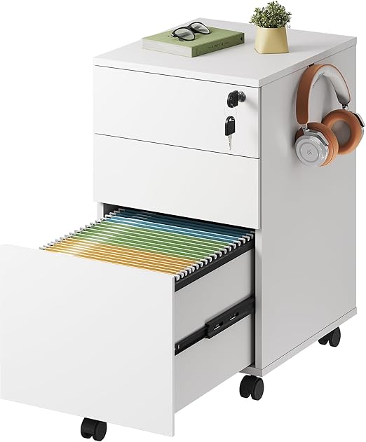 DEVAISE 3 Drawer Rolling File Cabinet with Lock, Wood Under Desk Filing Cabinet fits Letter/Legal/A4 Size for Home Office, White