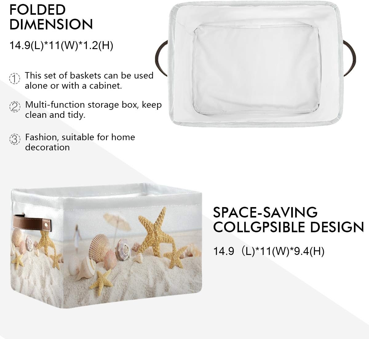 Storage Basket Cube Ocean Beanch Seashell Starfish Large Collapsible Toys Storage Box Bin Laundry Organizer for Closet Shelf Nursery Kids Bedroom,15x11x9.5 in,1 Pack