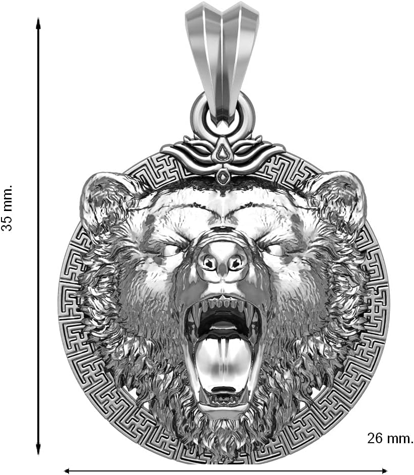 Mens Bear Head Pendant Animal Necklace 925 Sterling Silver