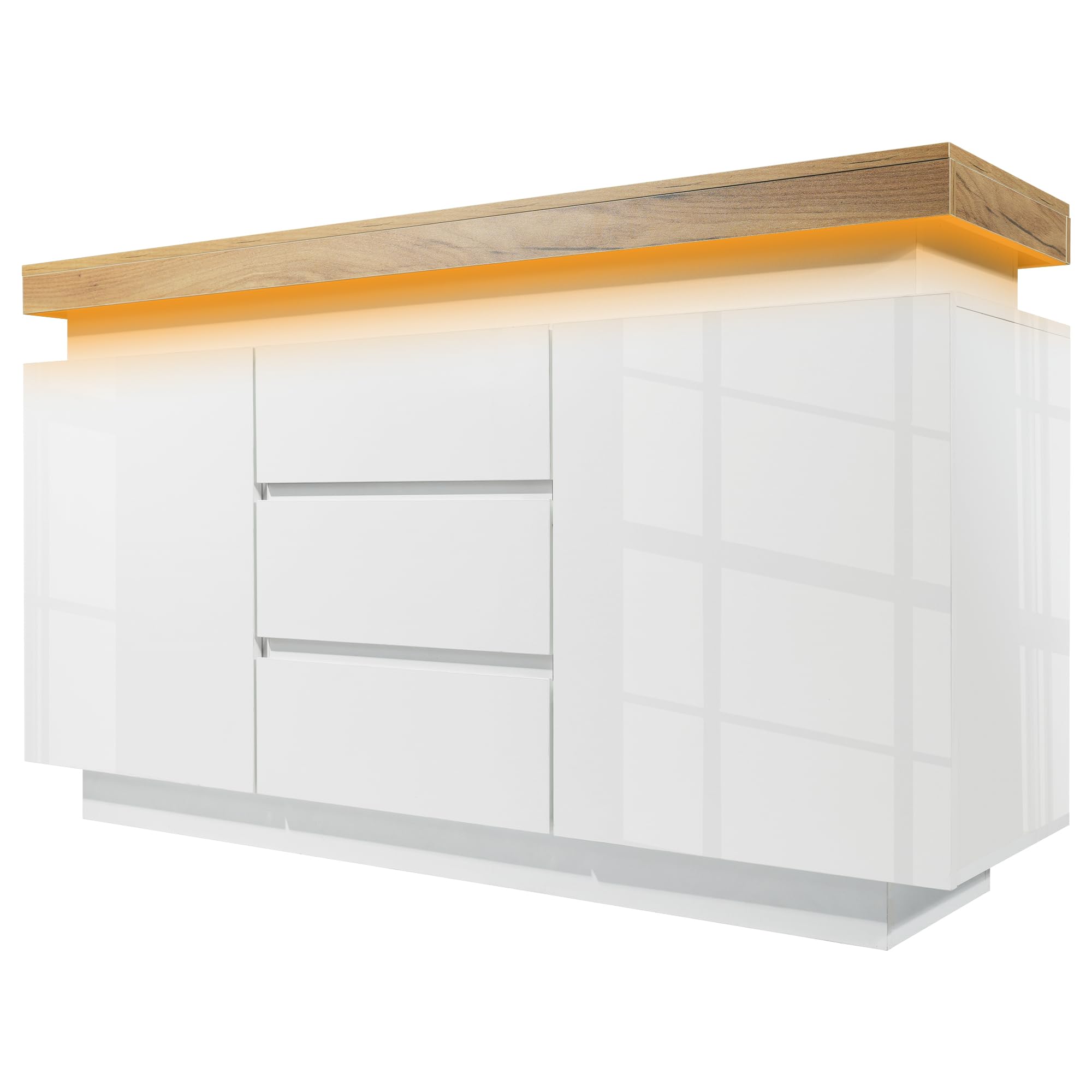 Moimhear Kommode, Hochglanz-Sideboard mit 2 Türen und 3 Schubladen, Stimmungsbeleuchtung (App-gesteuert), Multifunktionsschrank für Wohn- und Schlafzimmer, 81 x 140 x 39 cm, weiß