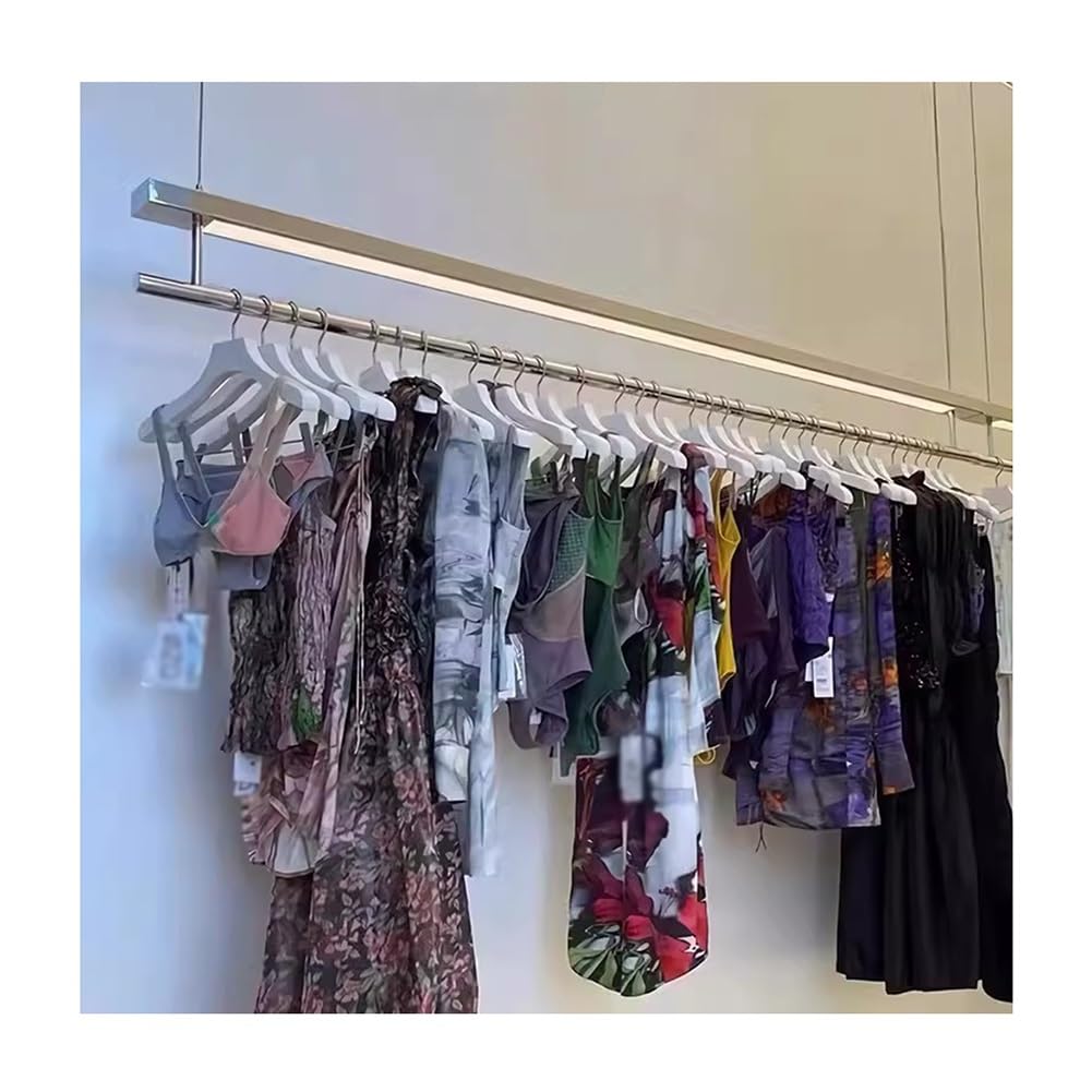 Porte-vêtements à LED en acier inoxydable pour une présentation de mode épurée au plafond