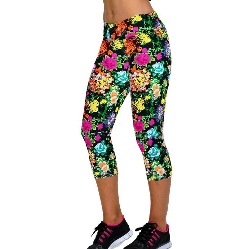 Women Printed Capri Legging 3/4 Length Skinny Yoga Pants M Yellow Floral|Clothing, Shoes & Accessories | Womens Clothing | Leggings-image-24