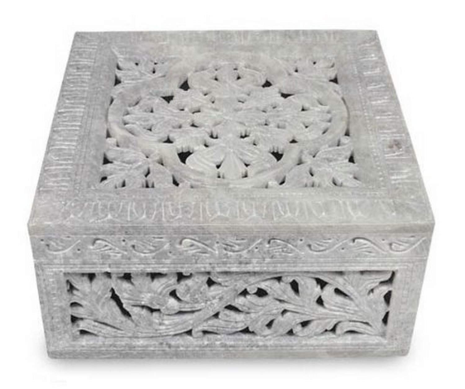 NOVICA Leaf and Tree Soapstone Jewelry Box, Beige, Floral Garland'