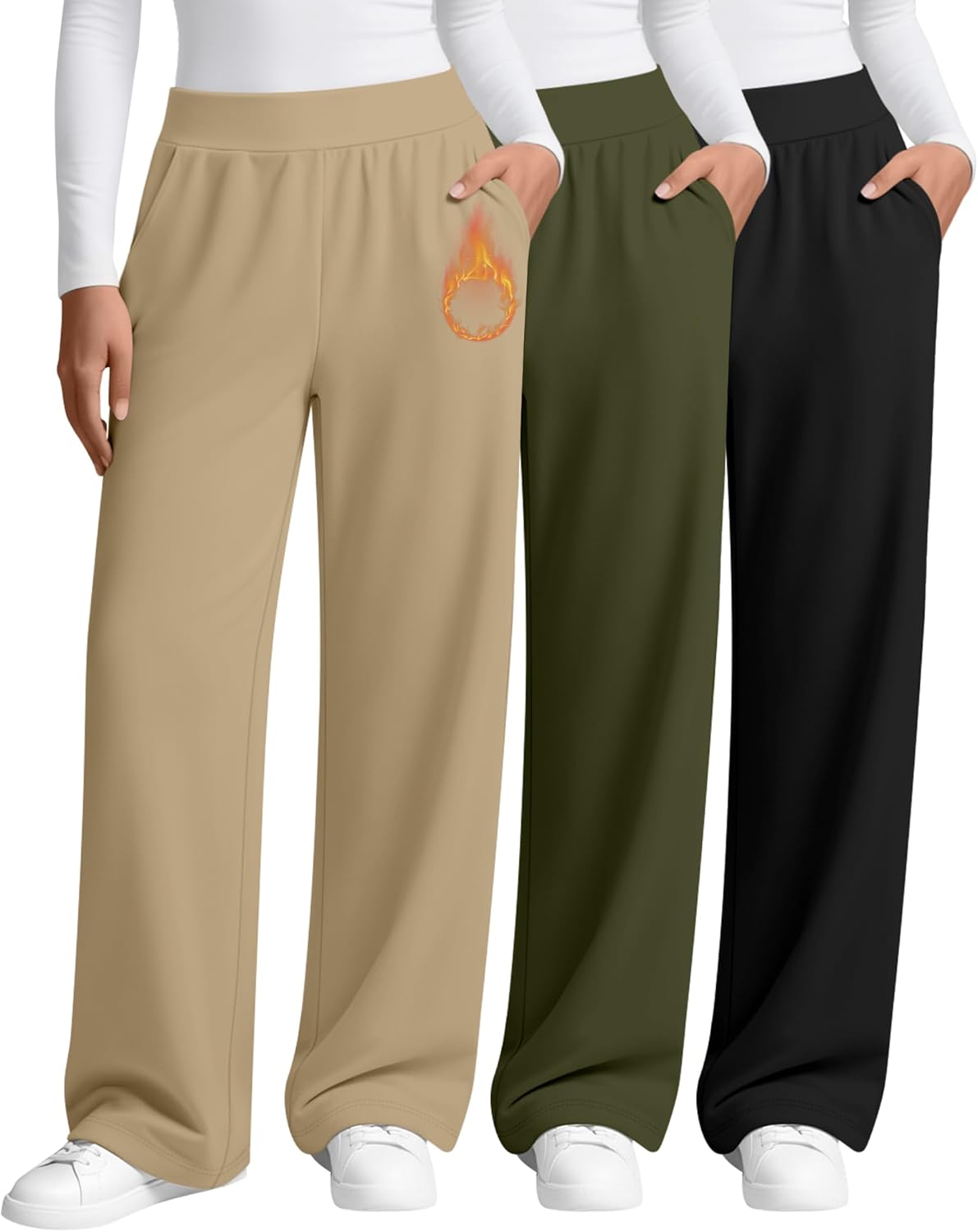 3 Pack Women's Fleece Lined Sweatpants, Wide Leg Baggy Pants Lounge Yoga Pants Loose Winter Joggers with Pockets