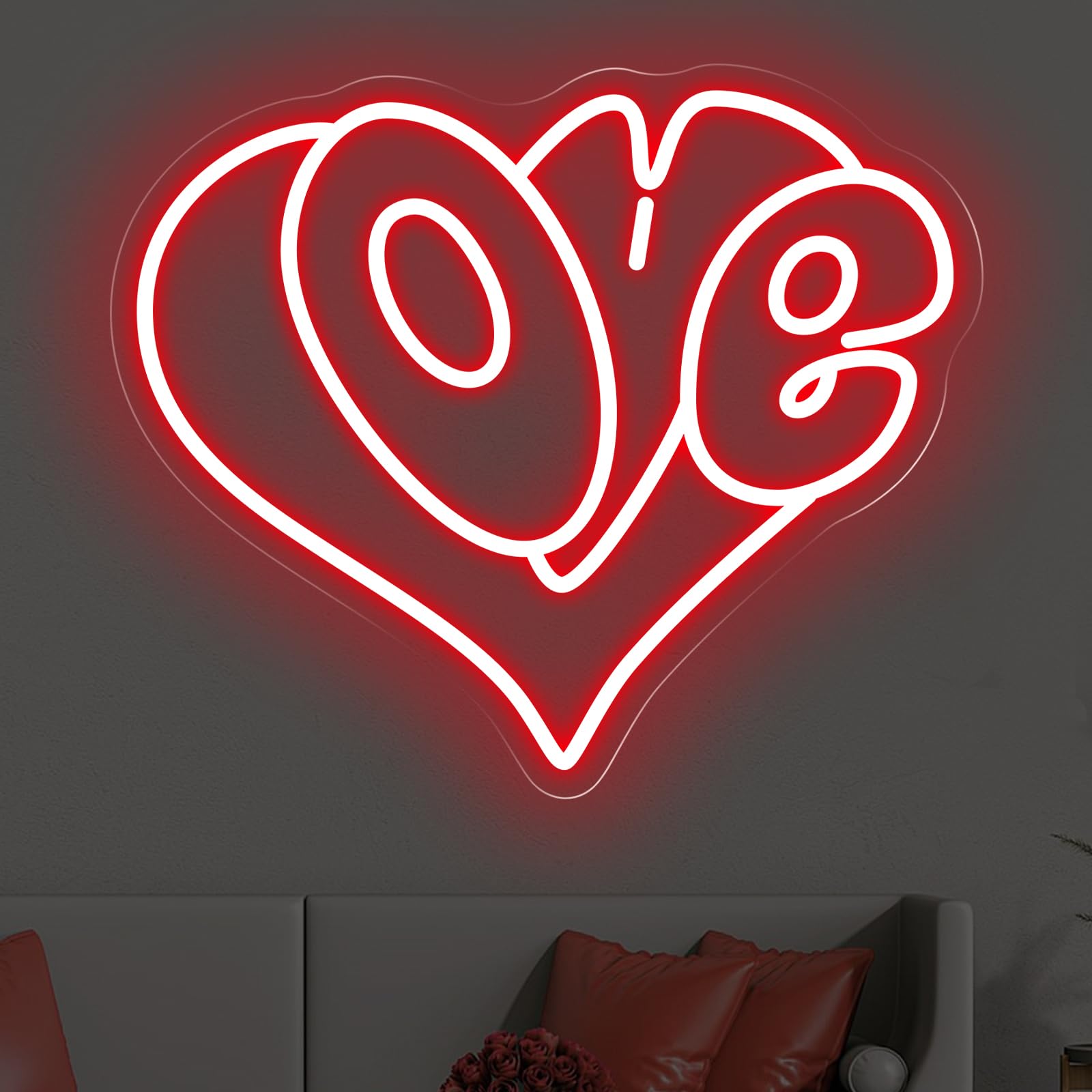 Letrero de neón con forma de corazón de amor, luz LED romántica roja para dormitorio, regalo del día de San Valentín, decoración romántica del hogar, arte de pared para parejas, 15 x 12.6 pulgadas