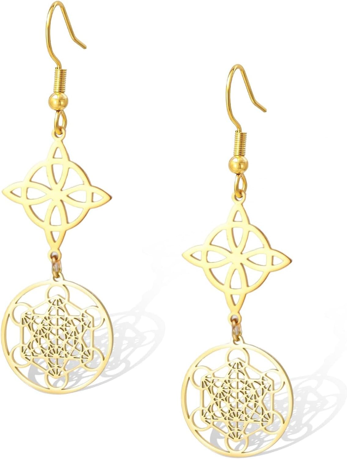 Eouyt Witchcraft Dangle Earrings Stainless Steel Sacred Geometry Metatron Cube Knot Protection Gift for Women Witches Celtic Jewelry Amulet, Gold 1