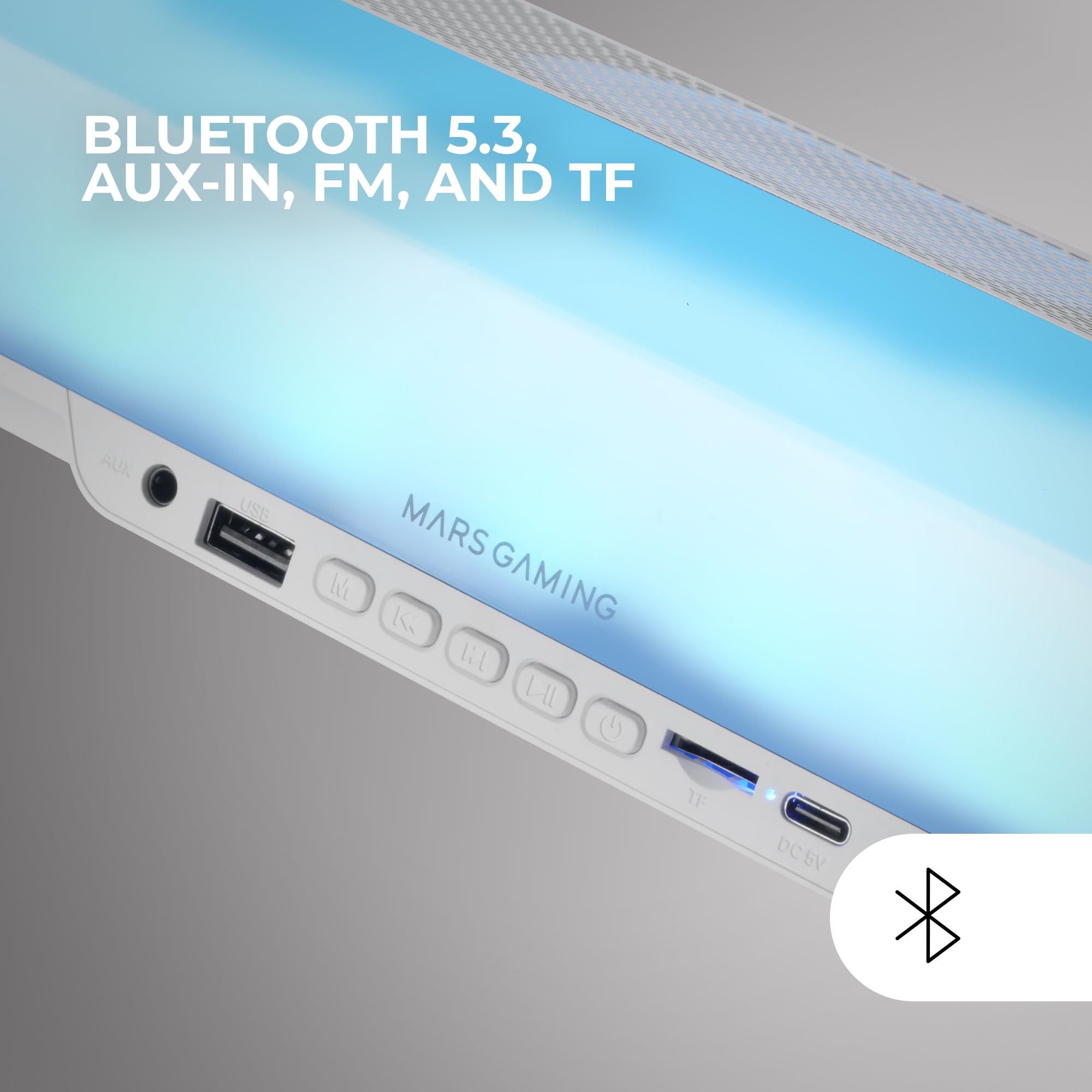 MARSGAMING MSB-ORB, Altoparlante Portatile + Soundbar 20W, Illuminazione Orbilight RGB 360º, Soundbar Sistema Triplo Driver, Altoparlante Gaming Bluetooth 5.3 / USB/MicroSD/AUX/FM, Bianco