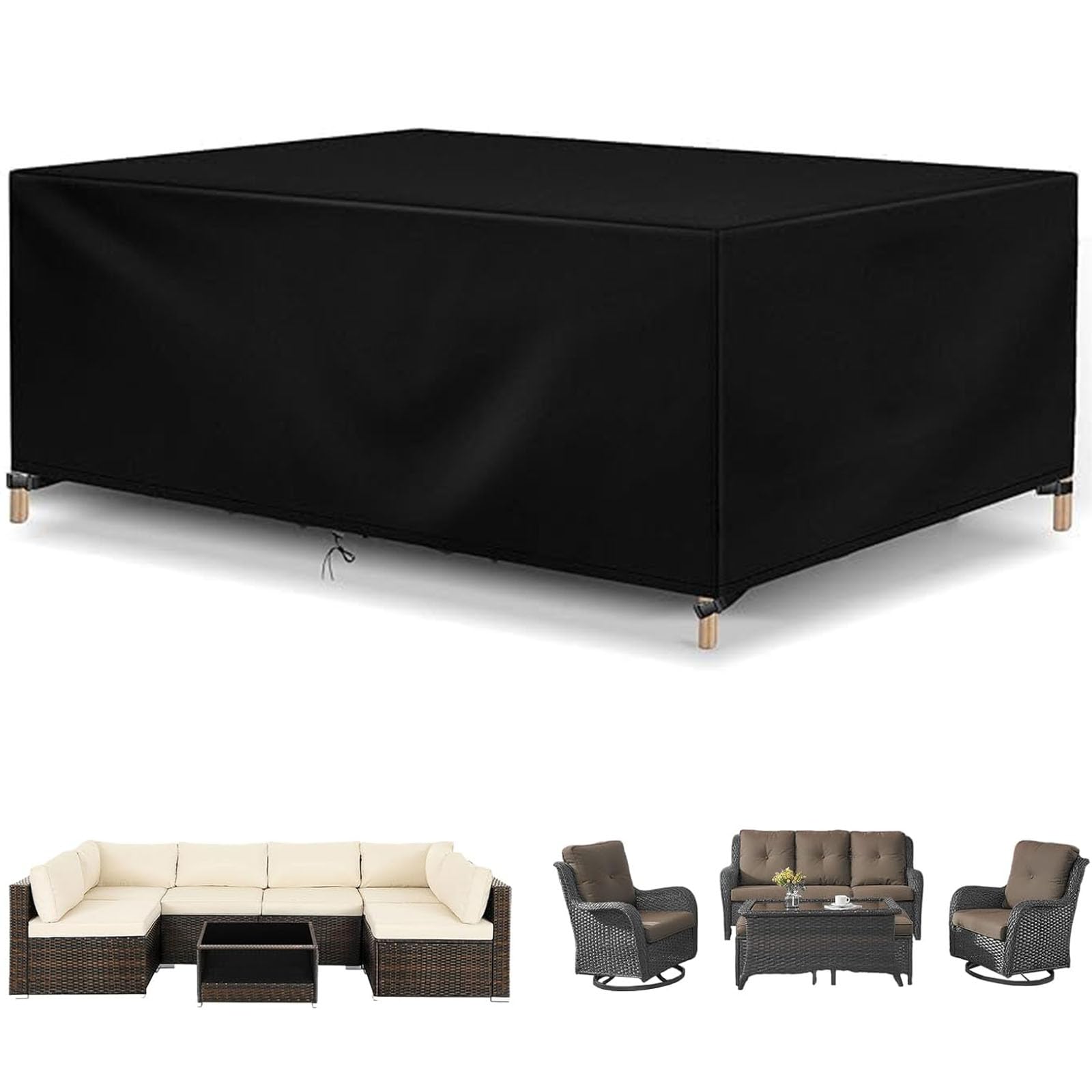 360x120x85cm (LxWxH) Housse Table de Jardin imperméable, Housse Rectangulaire pour Meubles de Jardin, 420D Oxford Tissu, Bache De Protection Exterieur pour Chaise et Table en Rotin, Noir