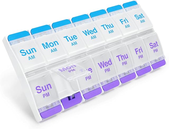 EZY DOSE Pill Box, Pill Organiser with Daily 2 Times a Day Compartments, Easy Open Dispensers with Push Buttons, 7 Count