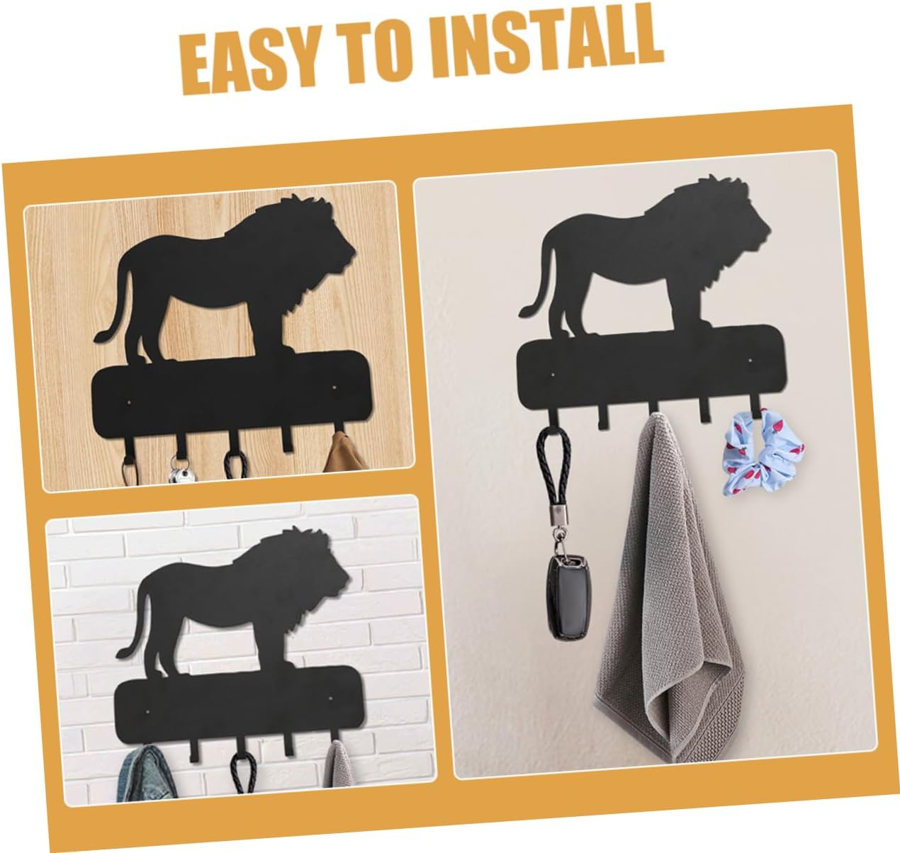 Lion Silhouette Wall Key Hooks Organizer Rack in Black Iron image 4