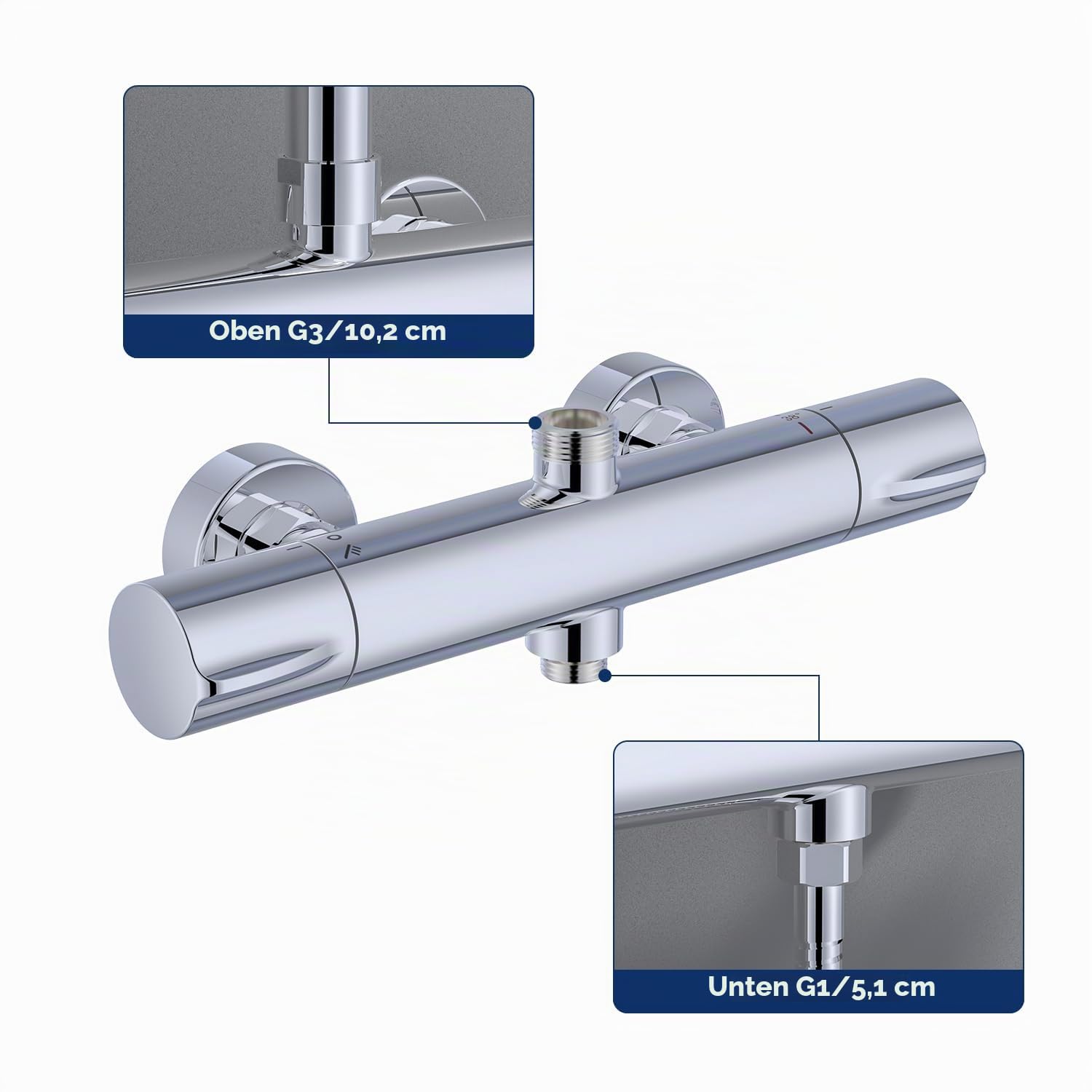 Duscharmatur mit Thermostat 2 Auslässe Chrom, rund | Messing, Keramikkartusche, 3/4" oben + 1/2" unten, temperaturstabil, 38°C Sperre, 150mm Abstand, ohne Schlauch & Stange