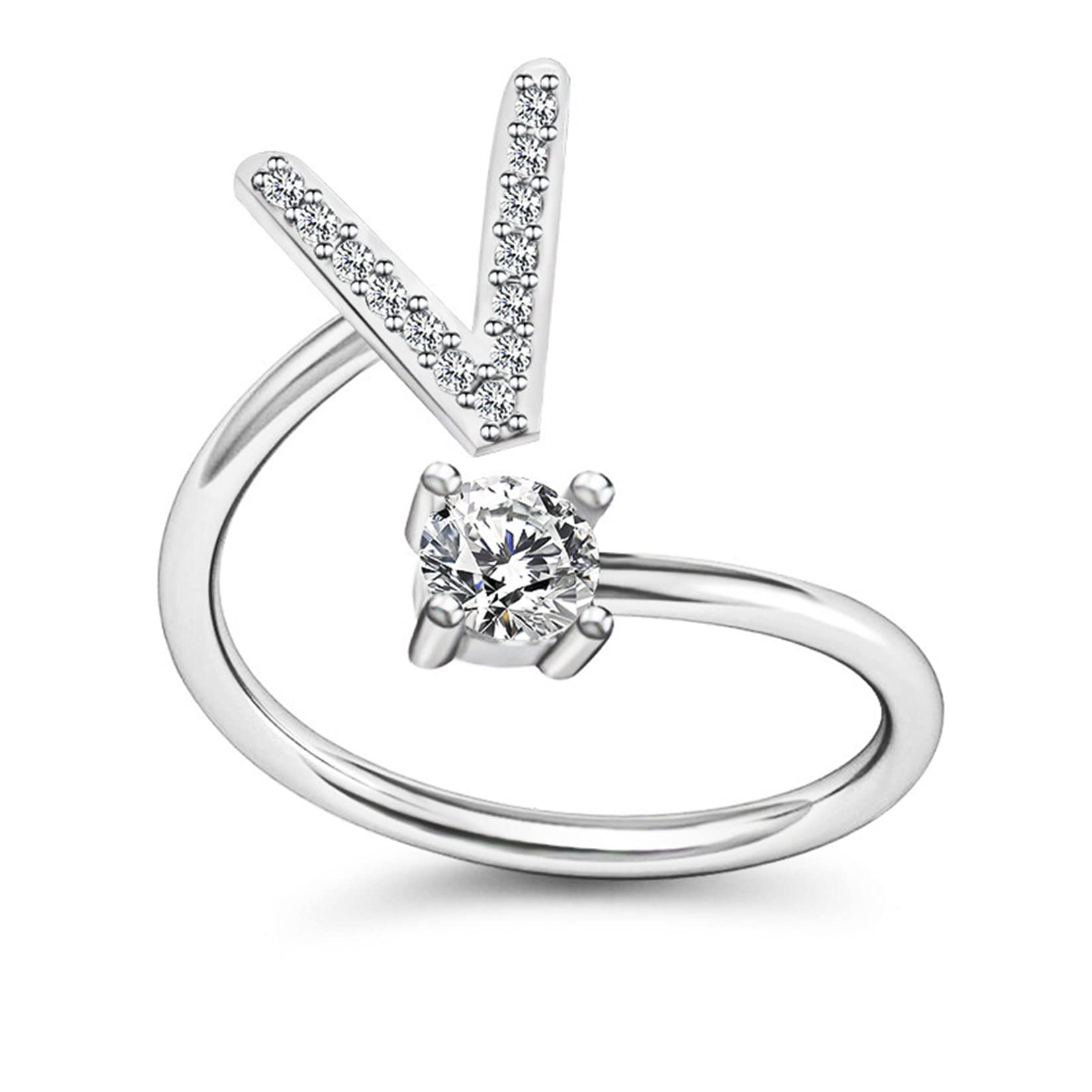 Yifnny Anello Alfabeto, Anello Iniziale 26 Alfabeto Intarsiato Cubic Zirconia Lettera Maiuscola A-Z Anello Aperto Regolabile per Dito Medio Argento Lettera Iniziale Anelli per Donne (N