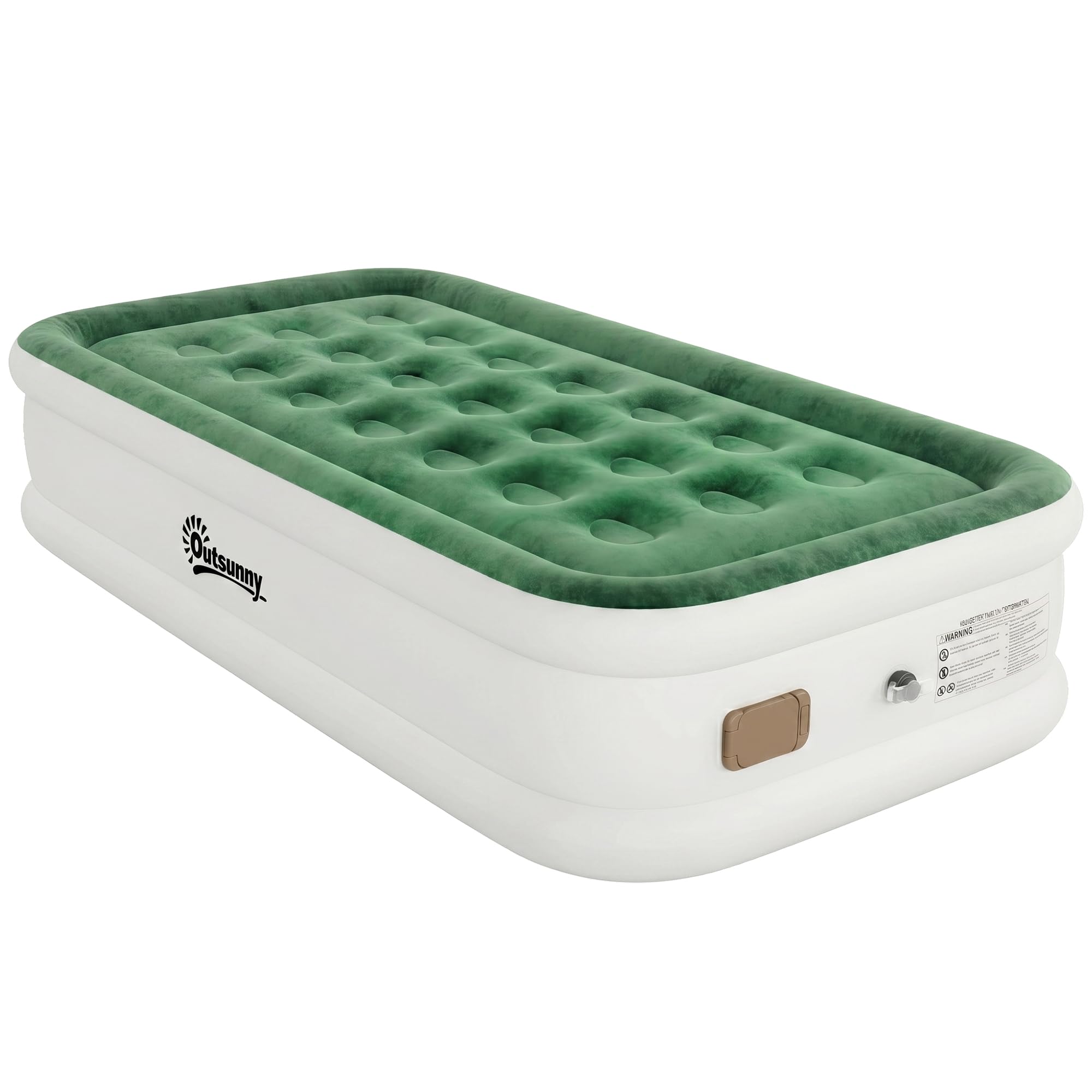 Outsunny Inflatable Mattress, Single Air Bed w/Built-in Electric Pump, 3 Mins Inflation, 2 Mins Deflation, Flocked Surface, Waterproof Folding Blow Up Bed w/Carry Bag for Travel Camping, Dark Green