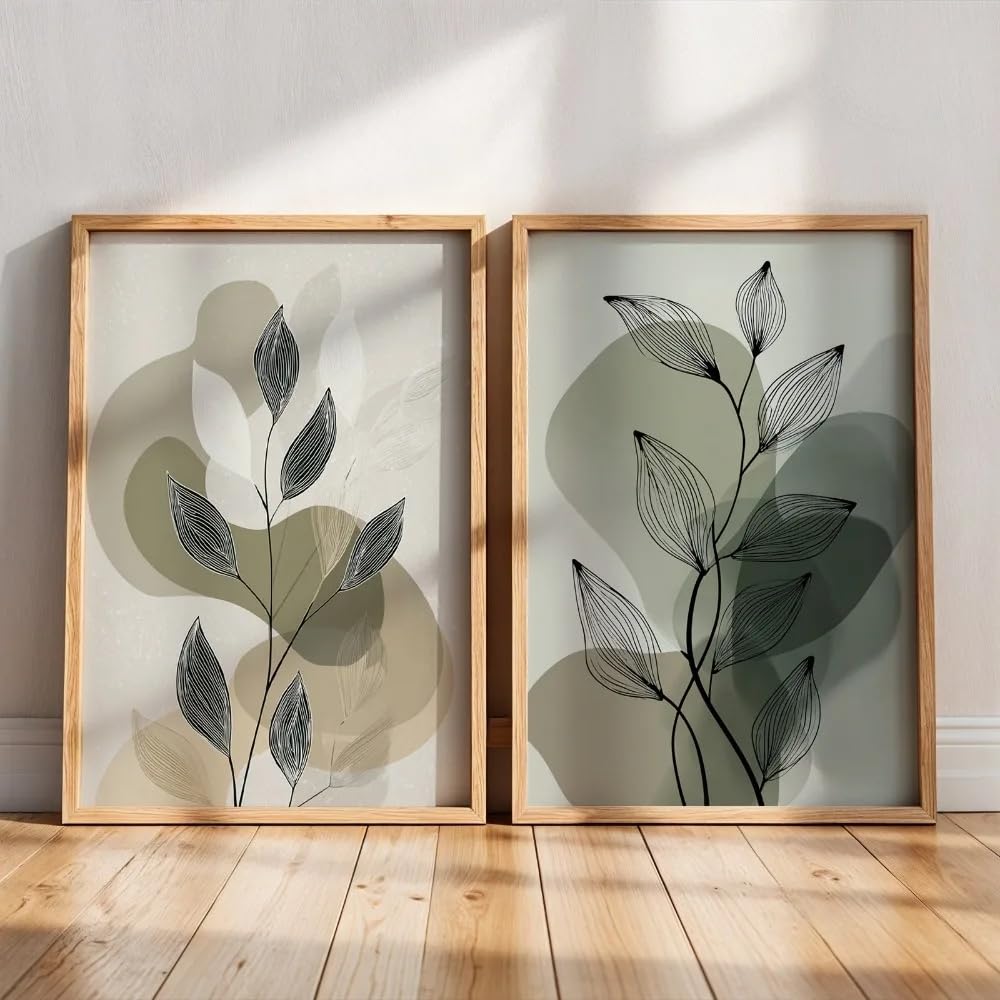 LMYSXAOZ Sage Green And Leaf Wall Art, Abstract Plant Canvas Painting Prints For Modern Minimalist Scandinavian Decoration(60x85cm-2Pcs)
