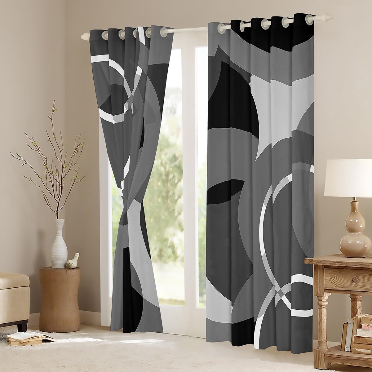 Feelyou Circle Curtains for Bedroom Kids Gray Black Swirl Darkening Curtains Modern Stripes Blackout Curtains(30%-50%) Geometric Window Drapes Decor (2 Panels, 52 x 63 Inch)